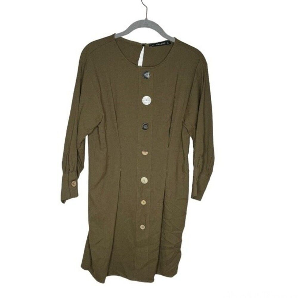 ZARA Green Dress Tunic Pleated Front Whimsical Button Detail KHAKI Size Small
